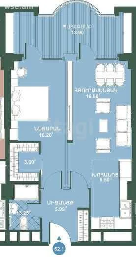 Планировка: 2-комнатная, 62,11 м²