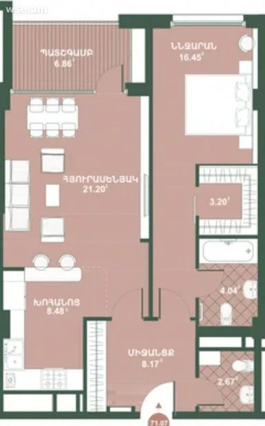 Планировка: 2-комнатная, 71,07 м²