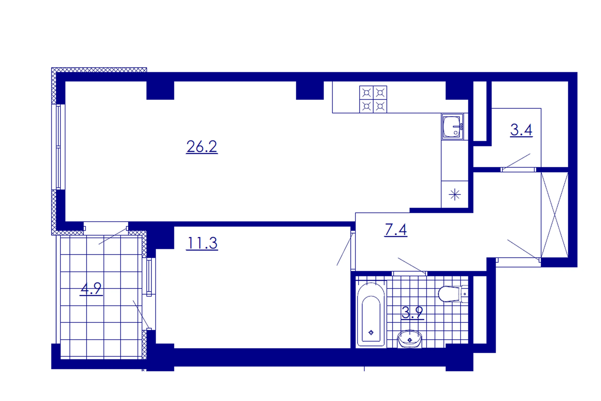 户型 2室 公寓 57,5㎡ v 住宅小区「New Komitas»