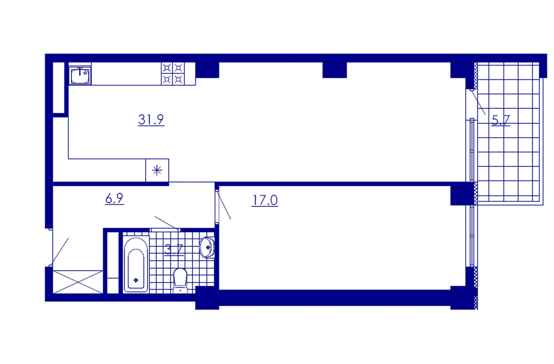 户型 2室 公寓 65,5㎡ v 住宅小区「New Komitas»
