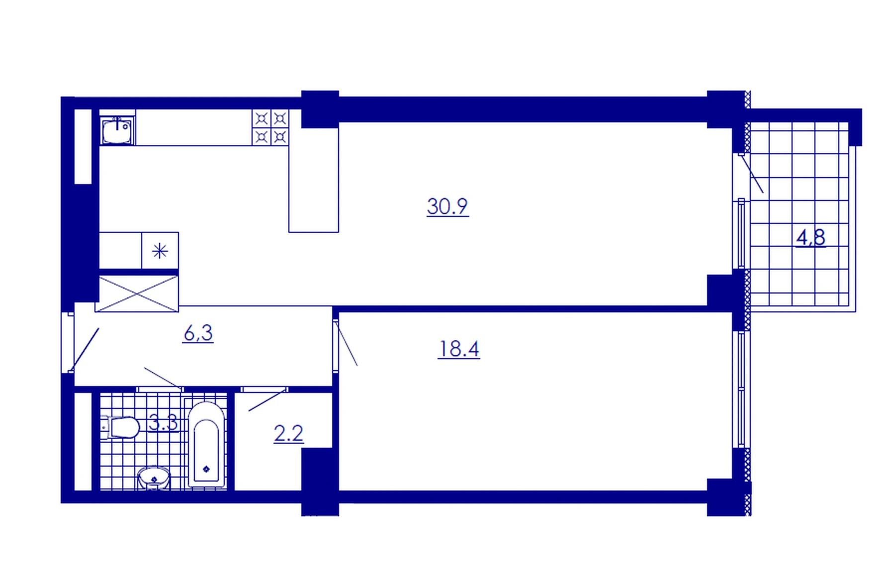 户型 2室 公寓 65,9㎡ v 住宅小区「New Komitas»