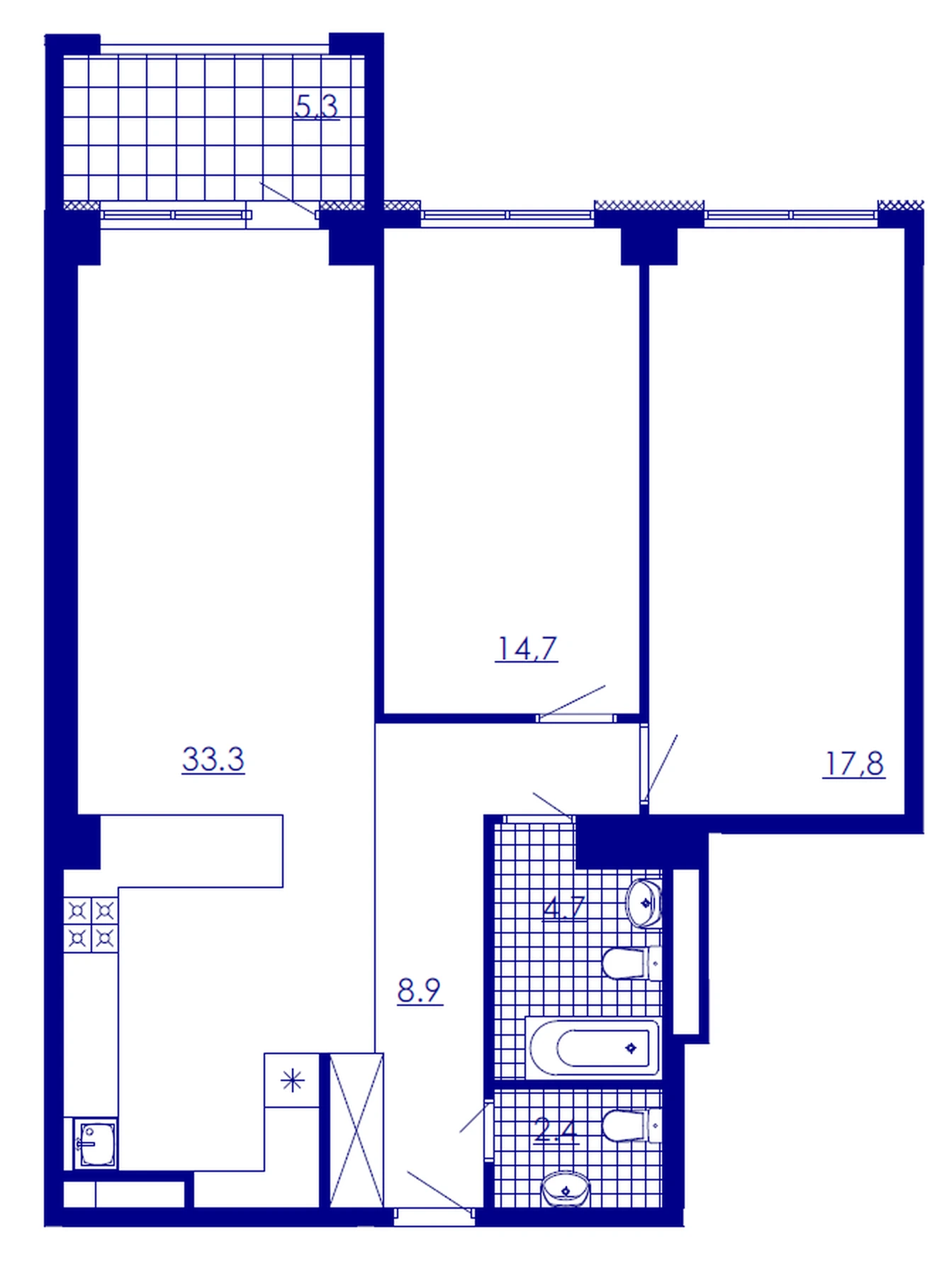 户型 3室 公寓 84,8㎡ v 住宅小区「New Komitas»