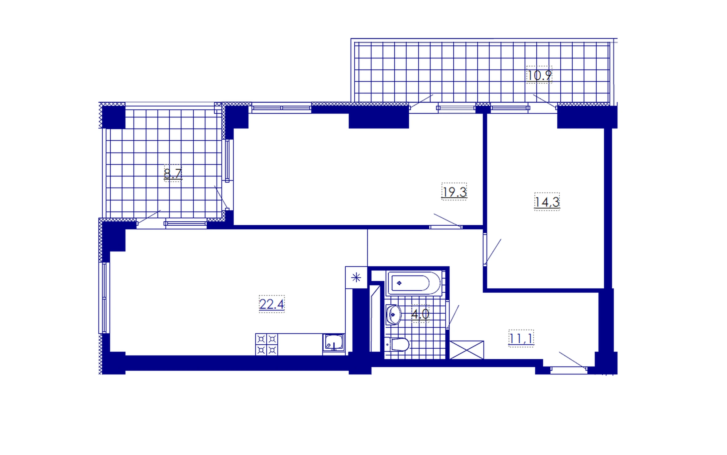 户型 3室 公寓 90,7㎡ v 住宅小区「New Komitas»