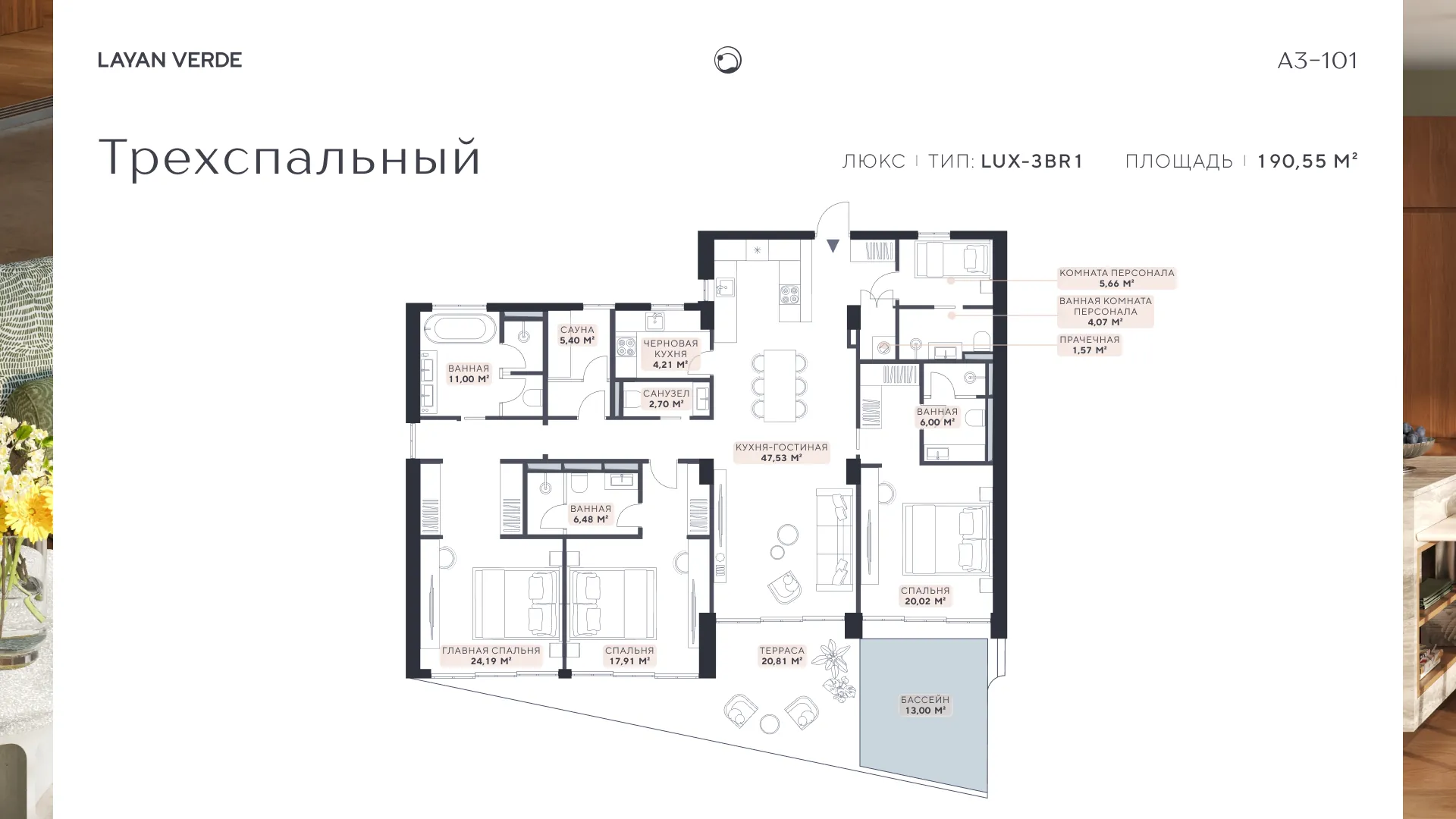 Планировка Люкс · 3 спальни, 190.55 м²